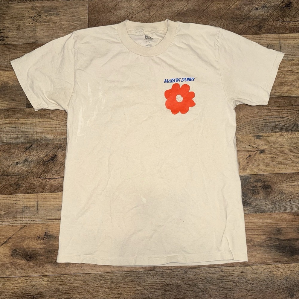 Obey T-Shirt Cream Cotton Flower Graphic Print Small Regular Fit Crew Neck Men's